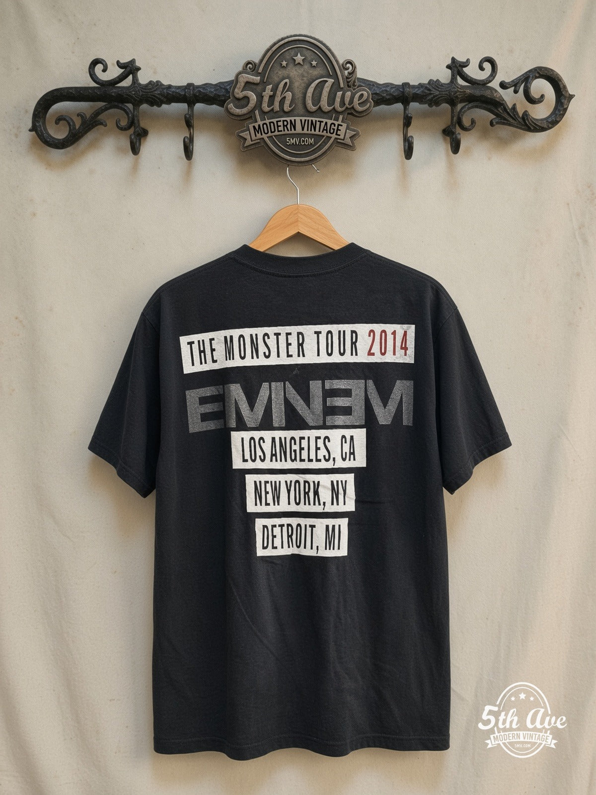 Eminem – The Monster Tour 2014 "EMINƎM" – Vintage Band T-Shirt — back on locked cream ornate 5th Ave rack