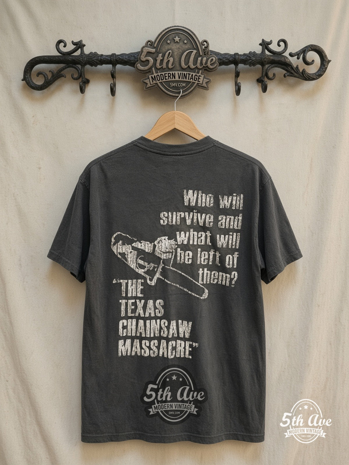 Texas Chainsaw Massacre The Leatherface movie tee in black, back view on a display rack