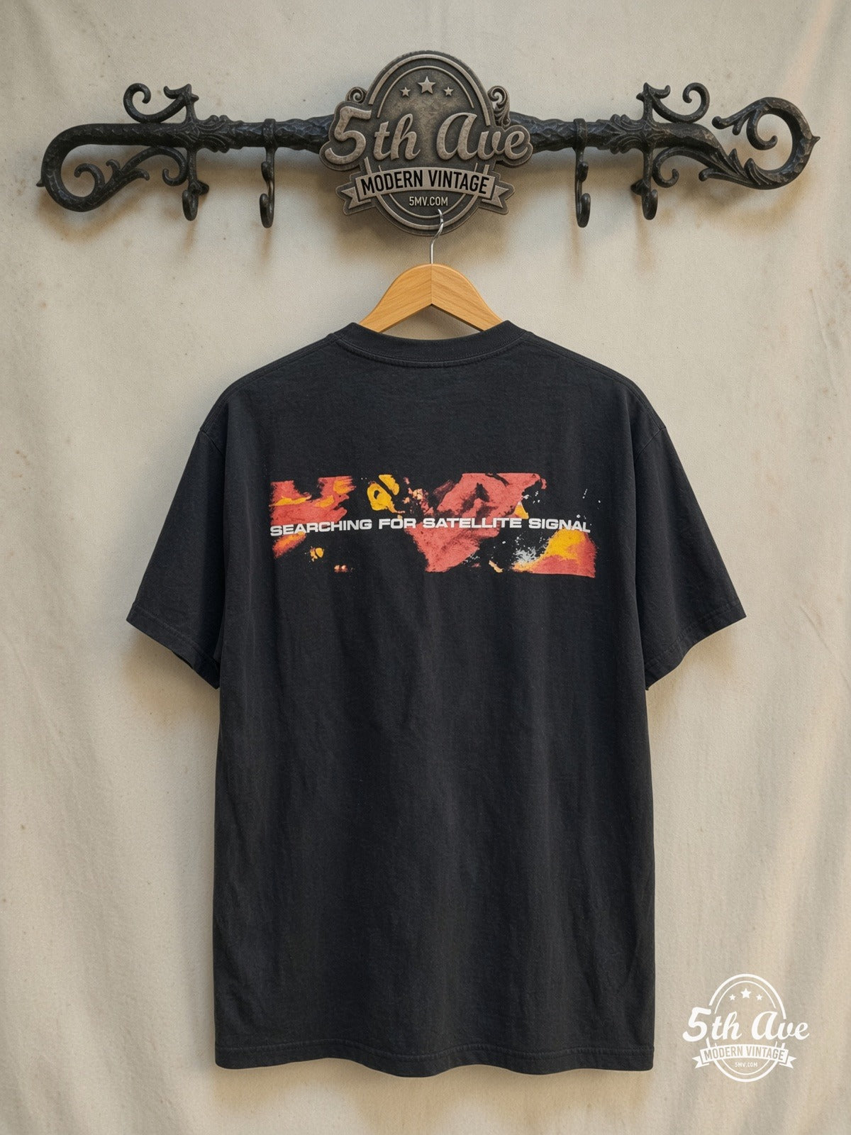 System of a Down – Searching For A Satellite Signal – Vintage Band T-Shirt — back on locked cream ornate 5th Ave rack