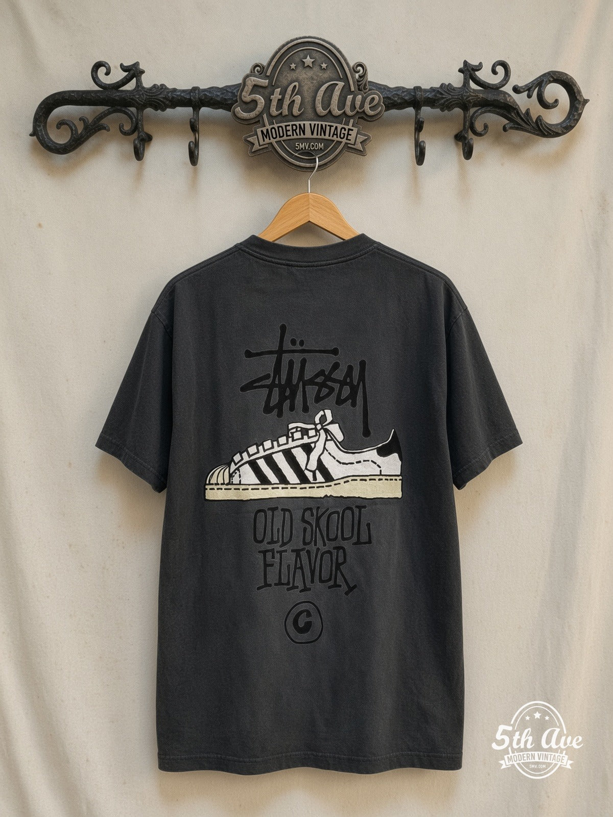 Stussy – Old Skool Flavor – Vintage Graphic Tee — back on locked cream ornate 5th Ave rack