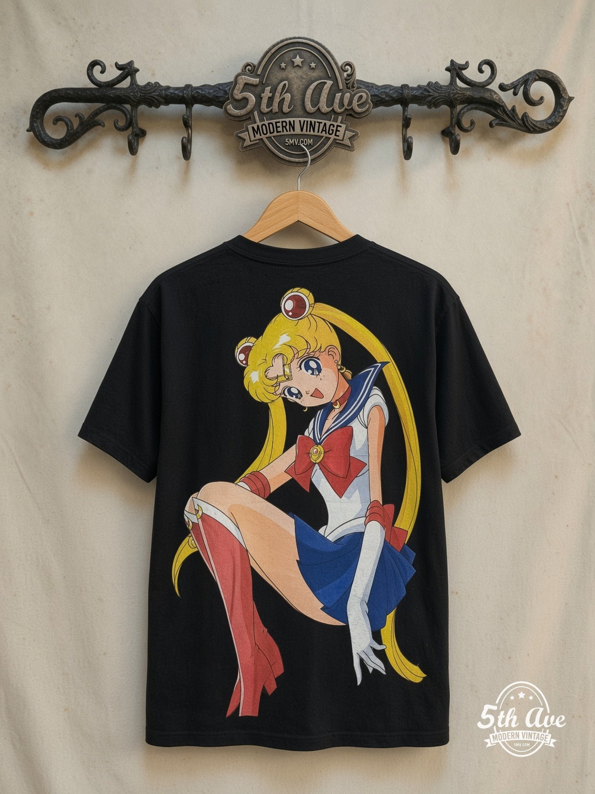 Sailor Moon – Sailor Guardians – All Over Print – New Vintage Anime Tee — back on locked cream ornate 5th Ave rack