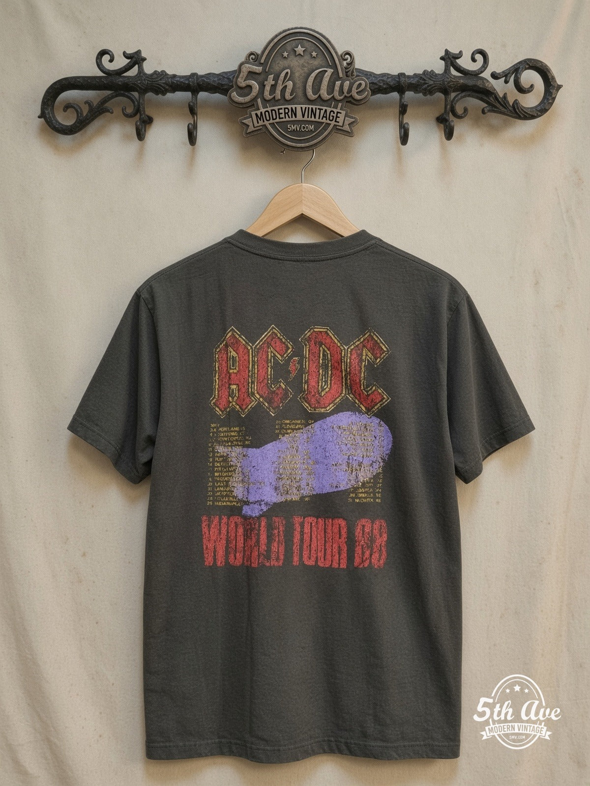 AC/DC – 1988 World Tour – Vintage Band T-Shirt — back on locked cream ornate 5th Ave rack