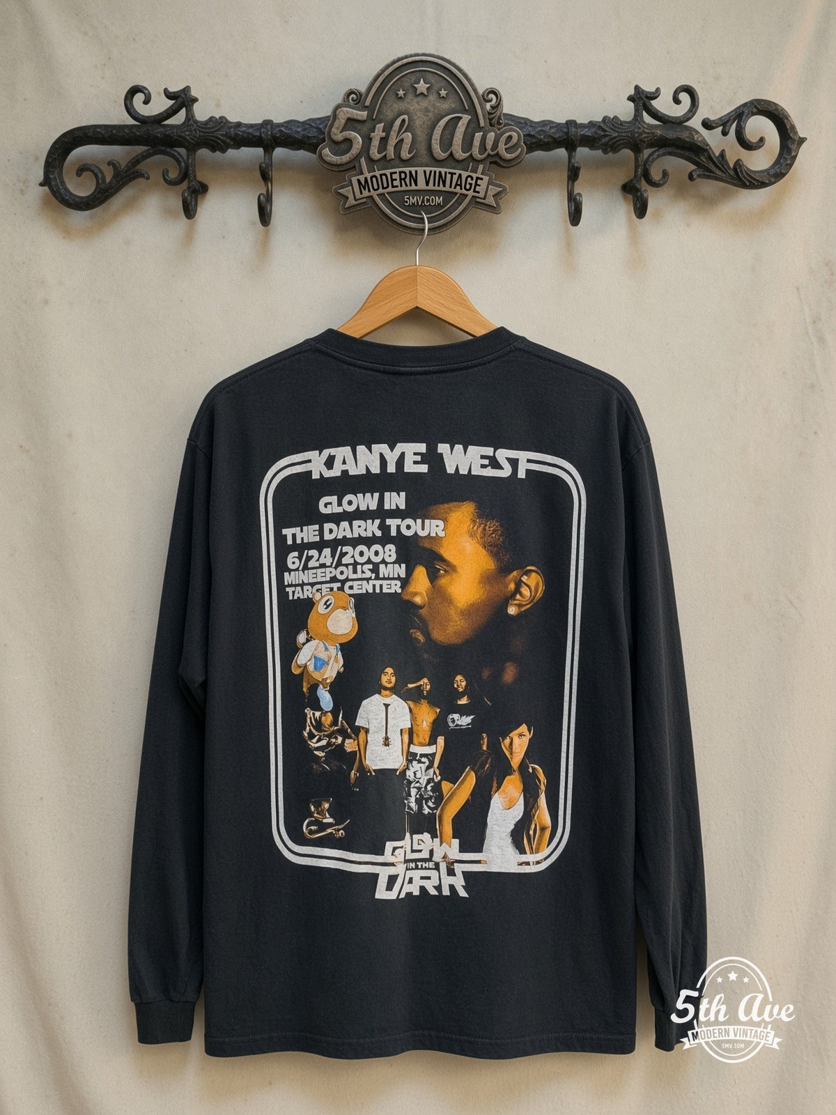 Kanye West – Glow in the Dark Tour 2008 – Vintage Band T-Shirt — back on locked cream ornate 5th Ave rack