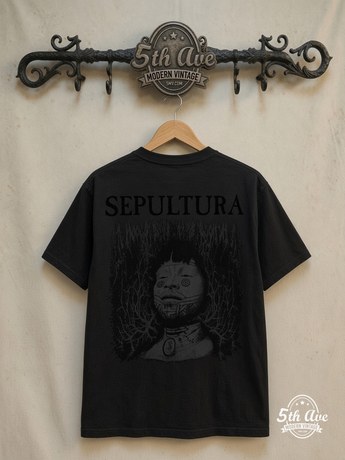 Sepultura Roots - Vintage Reprint Band T-Shirt — back on locked cream ornate 5th Ave rack