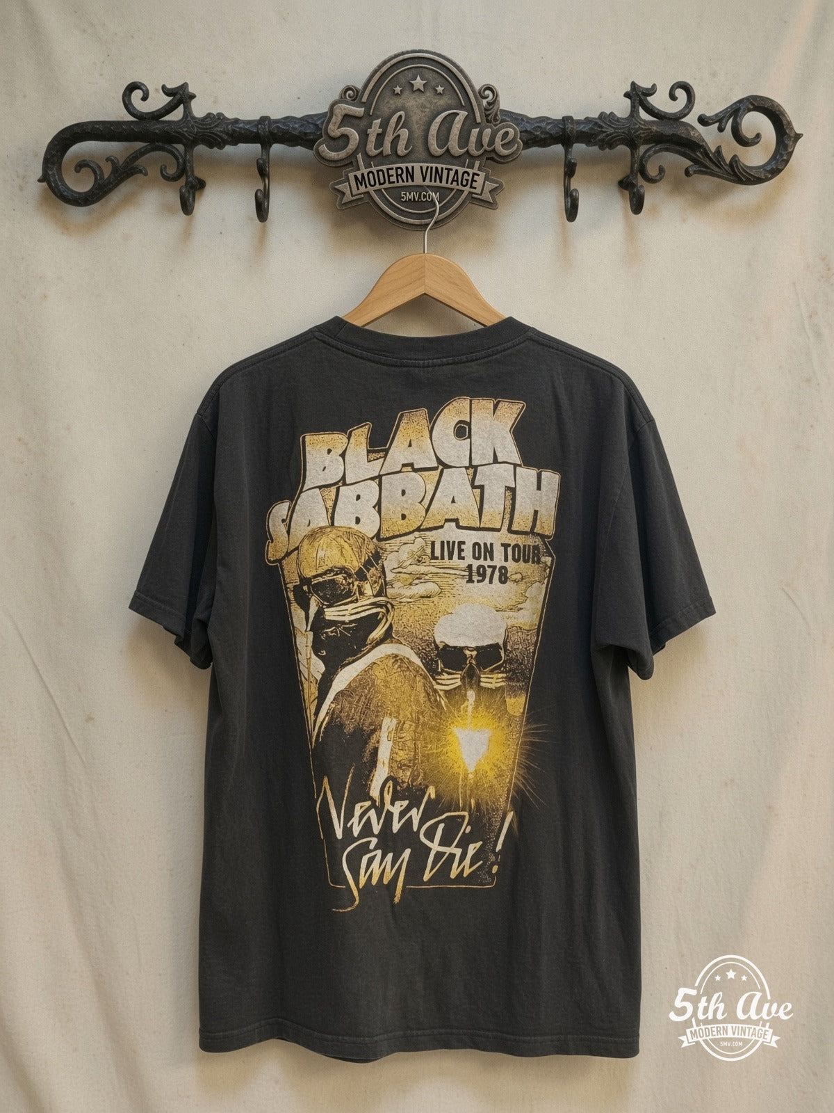 Black Sabbath – Never Say Die Live on Tour 1978 – Vintage Band T-Shirt — back on locked cream ornate 5th Ave rack