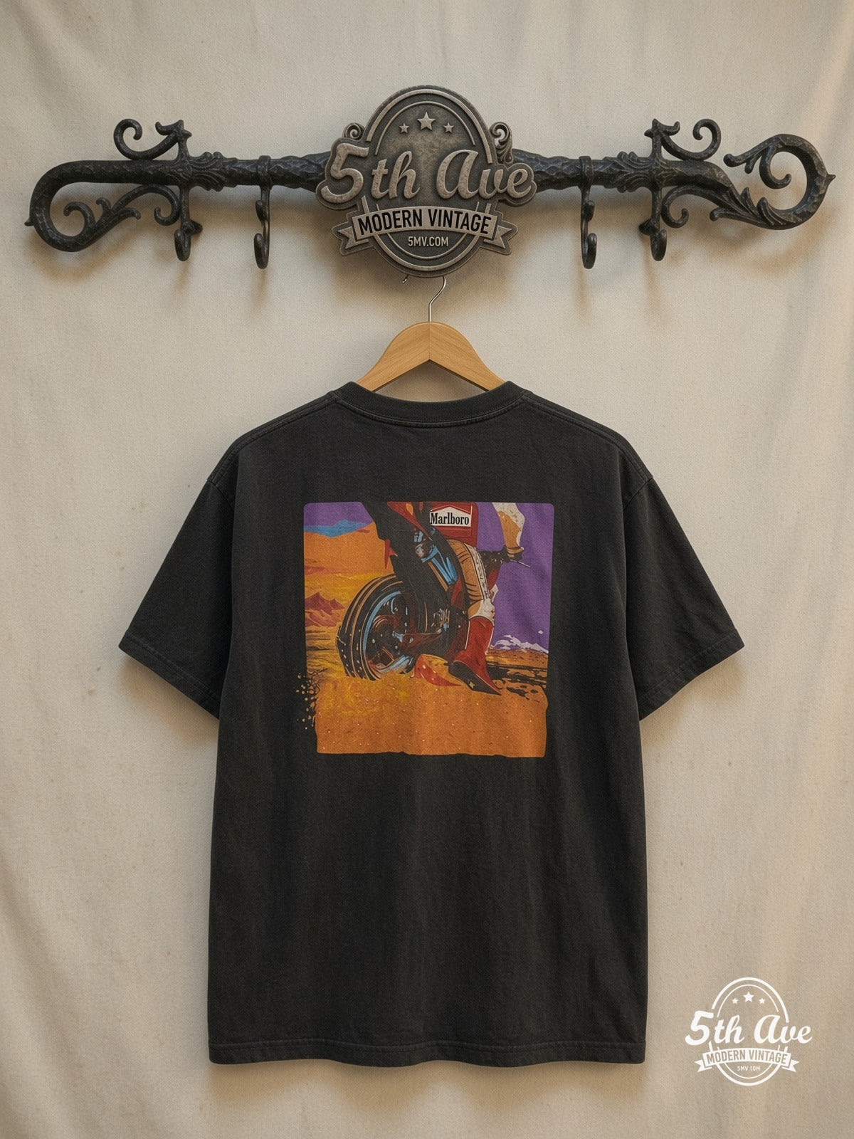 Marlboro – Dirt Bike – Vintage Graphic Tee — back on locked cream ornate 5th Ave rack