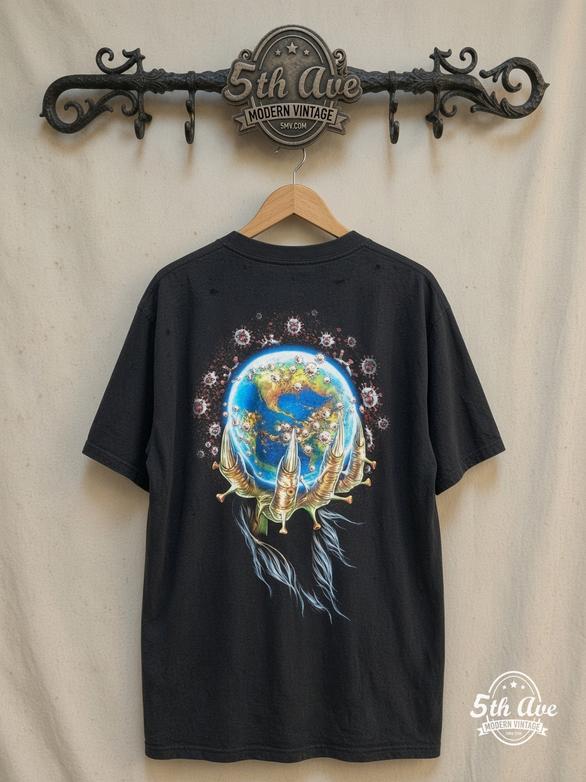 COVID-19 – Cosmic Threat Virus Art – Vintage Graphic Tee — back on locked cream ornate 5th Ave rack