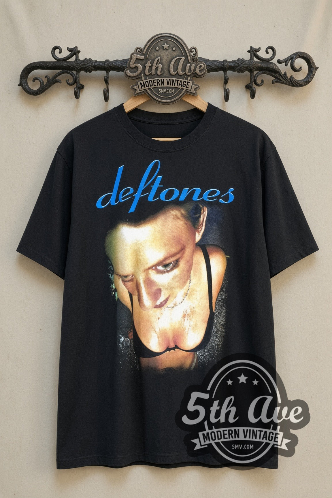 Deftones – Adrenaline Album Cover Blue Script – Vintage Band T-Shirt, front view on a display rack