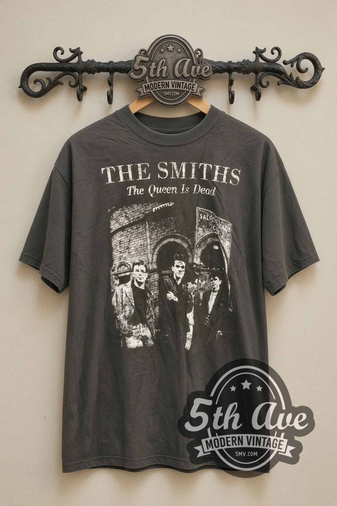 The Smiths – The Queen Is Dead Salford Lads Club – Vintage Band T-Shirt, front view on a display rack