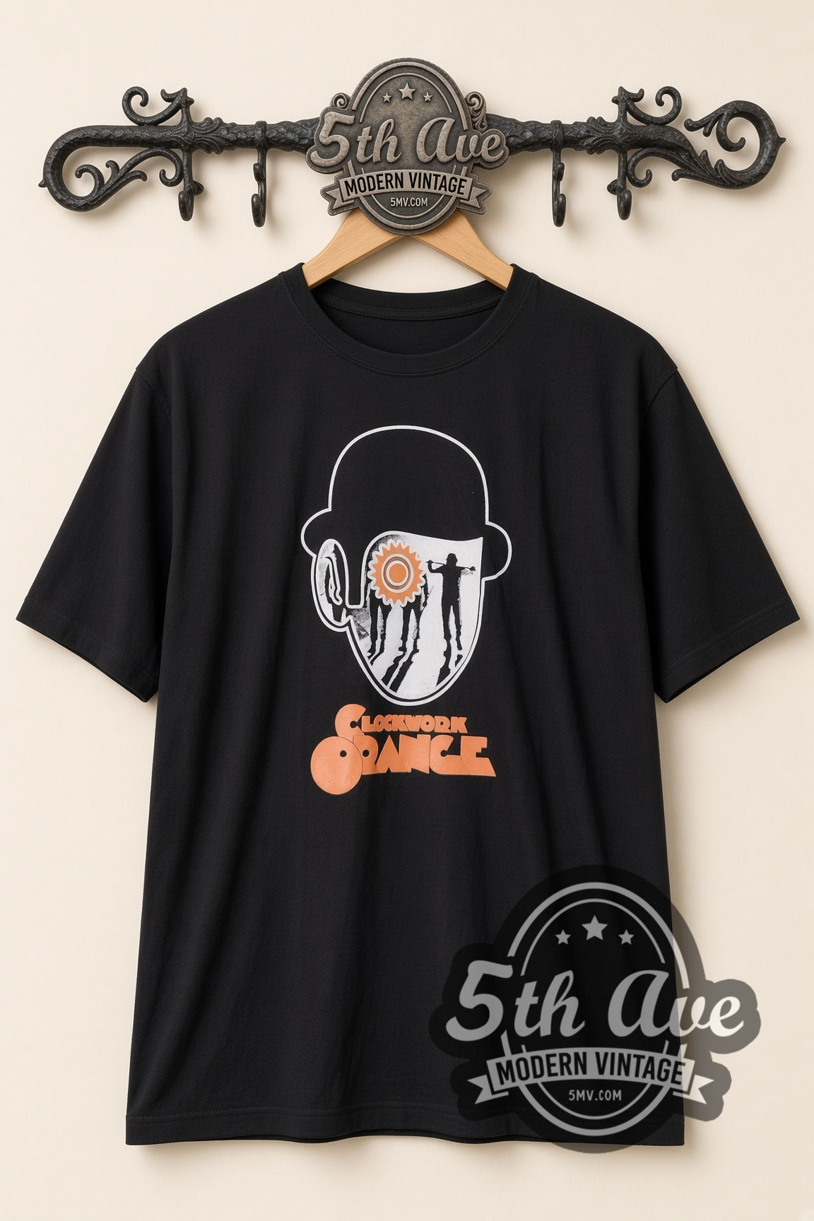 A Clockwork Orange – Bowler Hat Eye – Vintage Movie Tee, front view on a display rack
