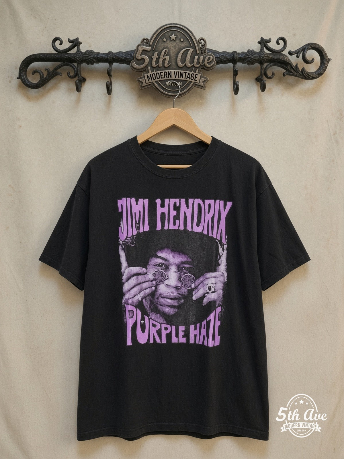 Jimi Hendrix Purple Haze – Vintage Band T-Shirt — front on locked cream ornate 5th Ave rack