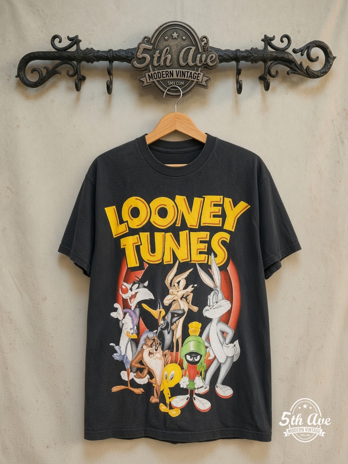 Looney Tunes – Bugs Bunny and Friends – New Vintage Graphic Tee — front on locked cream ornate 5th Ave rack