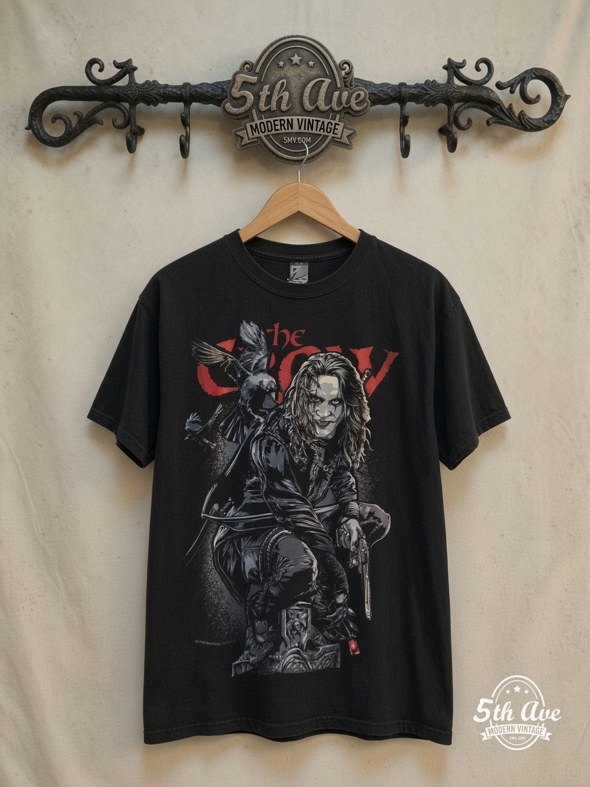 The Crow – Rising from the Shadows – Vintage Movie Tee — front on locked cream ornate 5th Ave rack