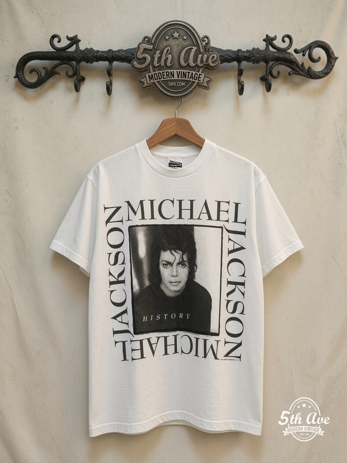 Vintage King of Pop Graphic Tee — front on locked cream ornate 5th Ave rack