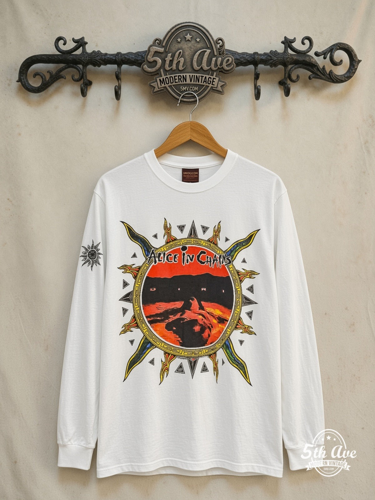 Alice in Chains – Dirt Sun – Vintage Band T-Shirt — front on locked cream ornate 5th Ave rack