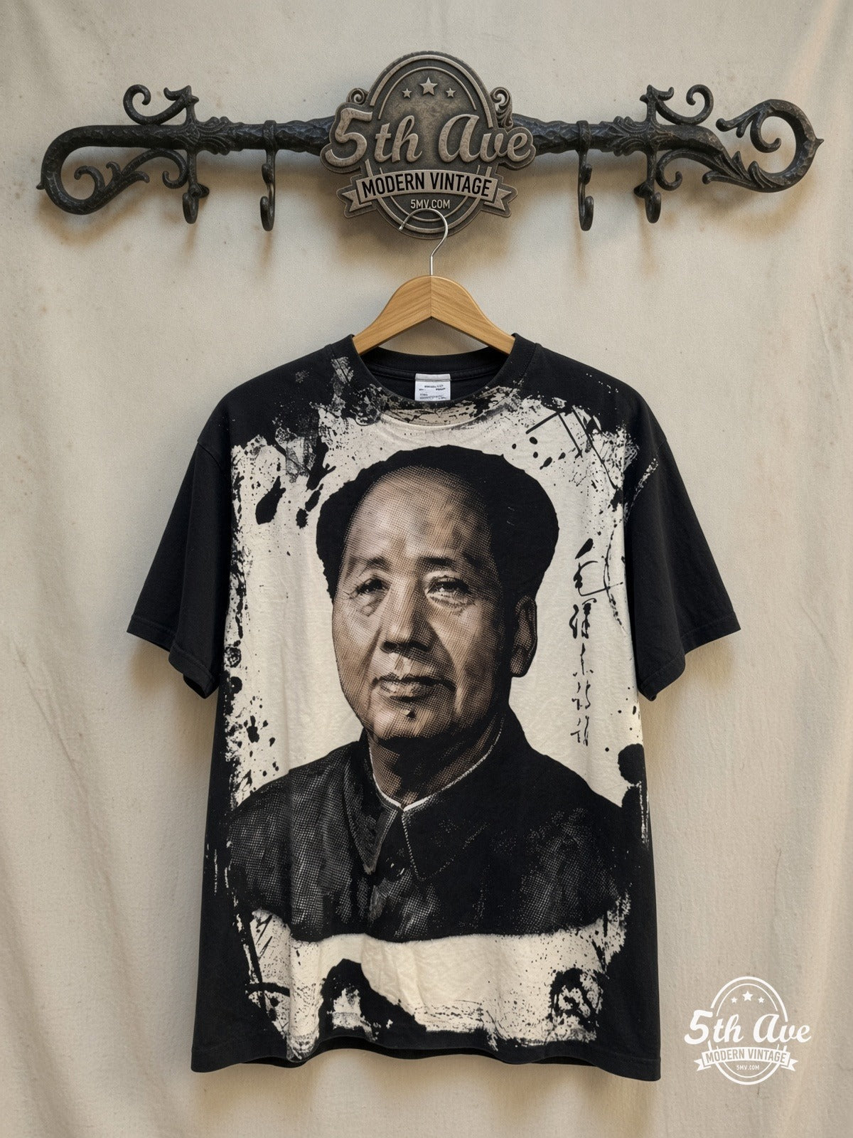 Mao – Mosquito Head Bleach Portrait – Vintage Graphic Tee — front on locked cream ornate 5th Ave rack