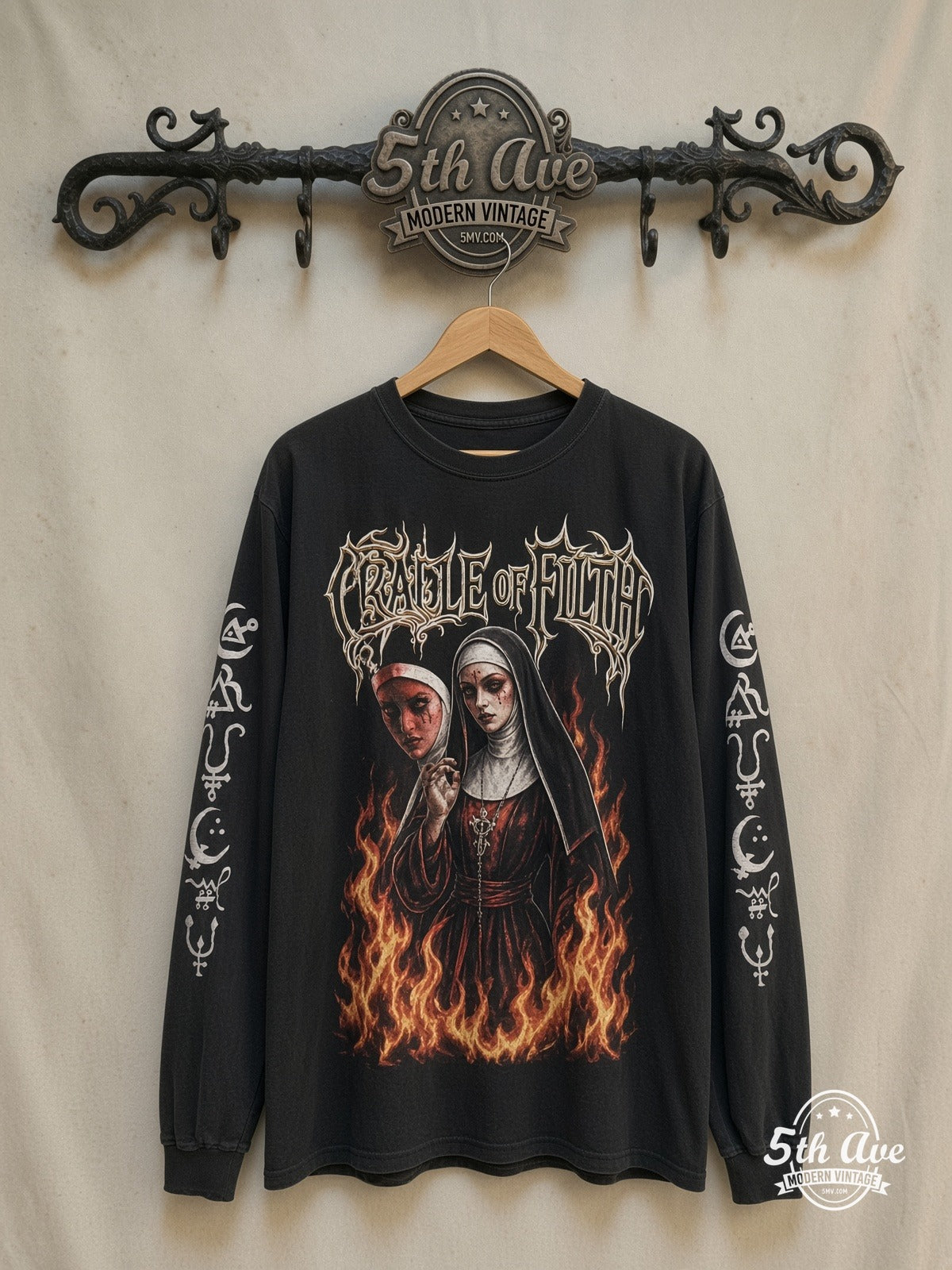 Cradle of Filth – Cult of Venus Aversa – Long Sleeve Vintage Band T-Shirt — front on locked cream ornate 5th Ave rack
