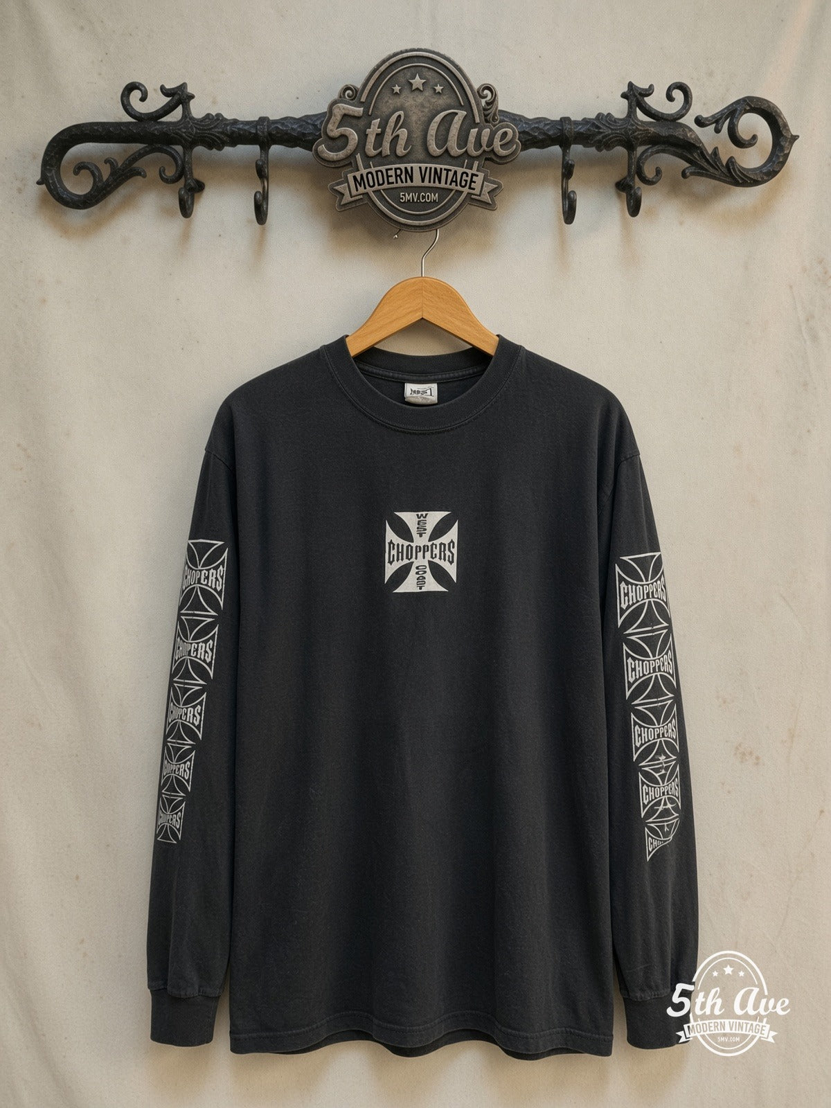 West Coast Choppers – Long Beach California – Vintage Graphic Tee — front on locked cream ornate 5th Ave rack