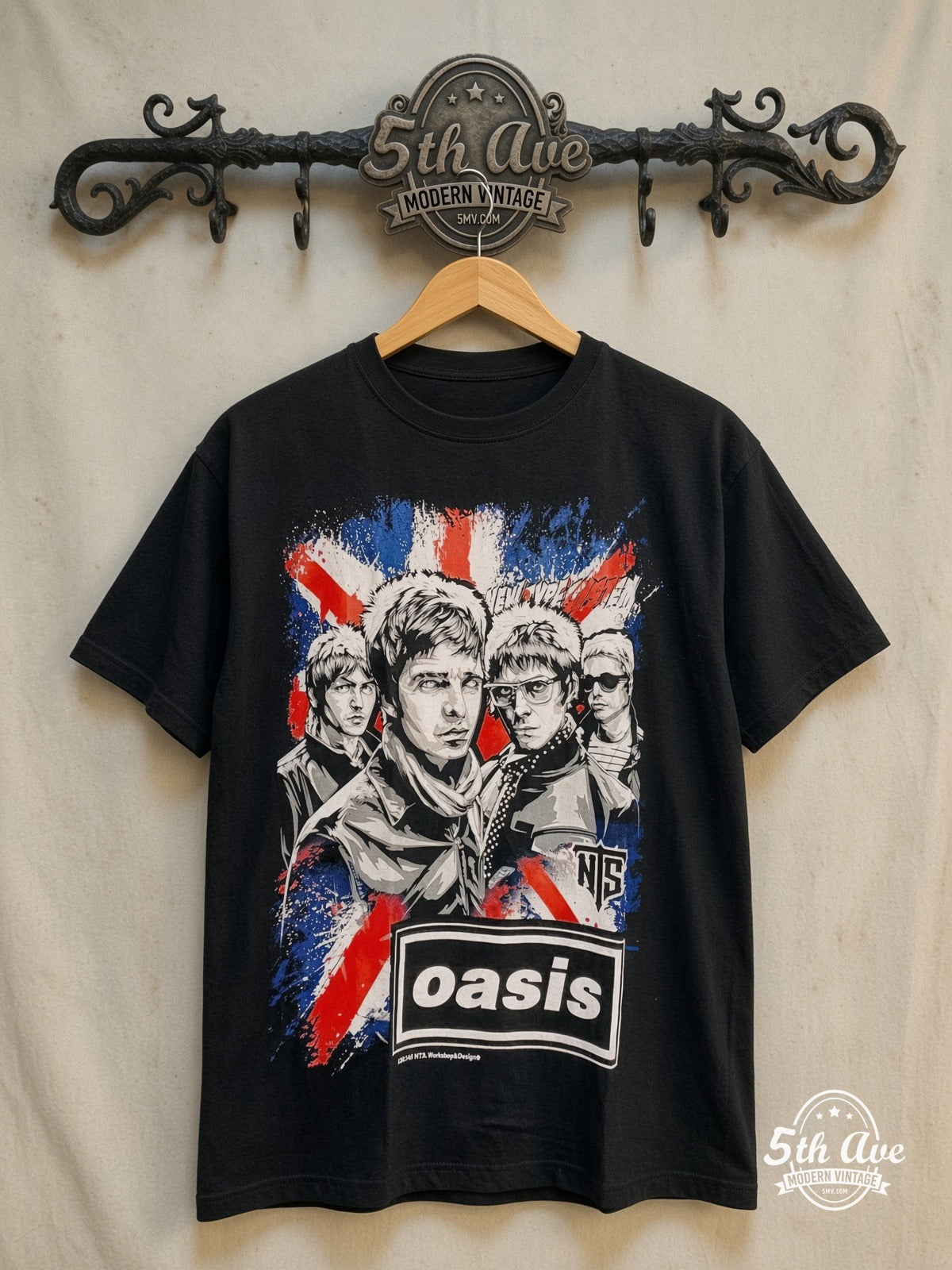 Oasis – Union Jack NTS Band Illustration – Vintage Band T-Shirt — front on locked cream ornate 5th Ave rack