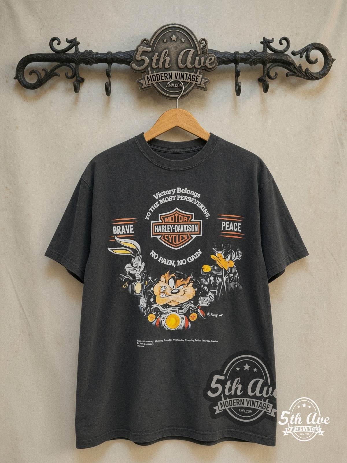 Bugs Bunny – Taz-Mania x Harley Davidson Victory Belongs To The Most Persevering – New Vintage Graphic Tee — front on locked cream ornate 5th Ave rack