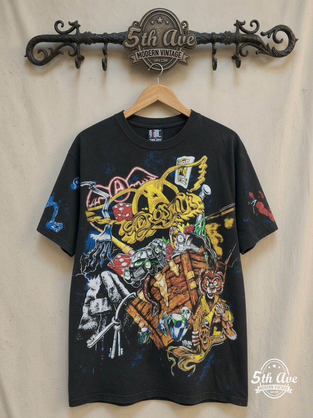 Aerosmith – Aerosmith's Rockin' Journey – All Over Print – Vintage Band T-Shirt — front on locked cream ornate 5th Ave rack