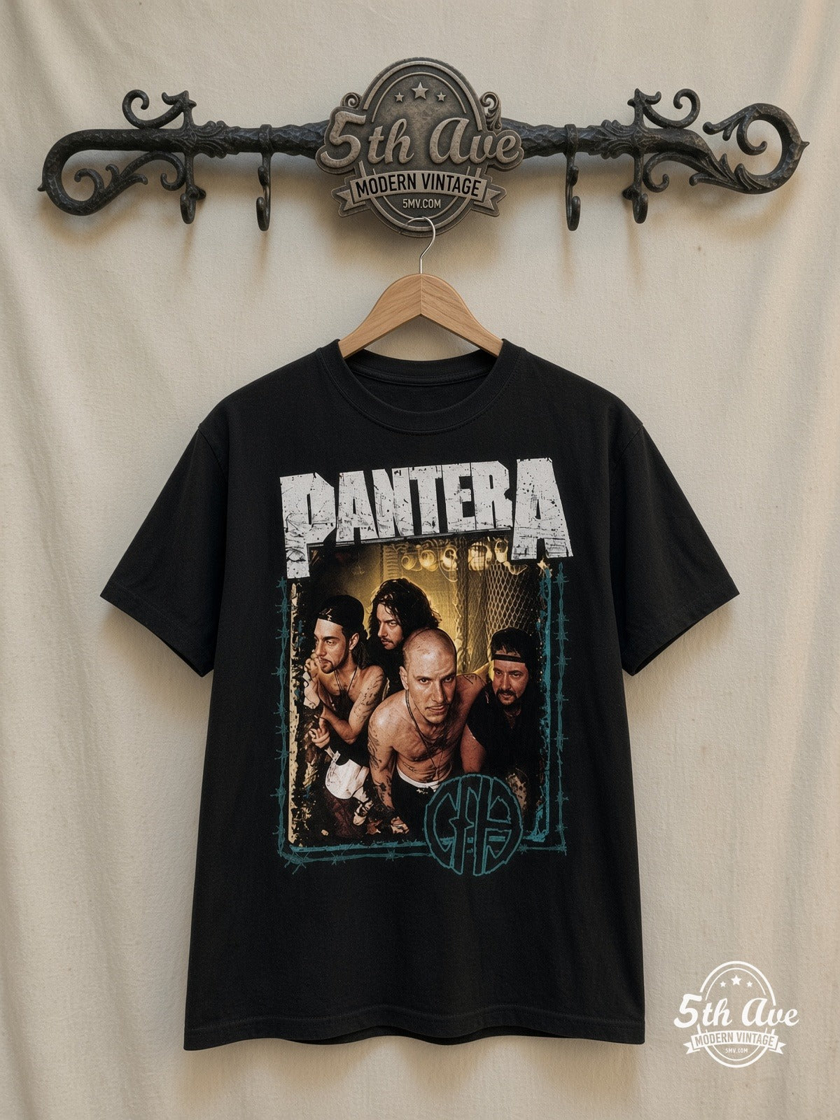 Pantera – Cowboys From Hell – Vintage Band T-Shirt — front on locked cream ornate 5th Ave rack