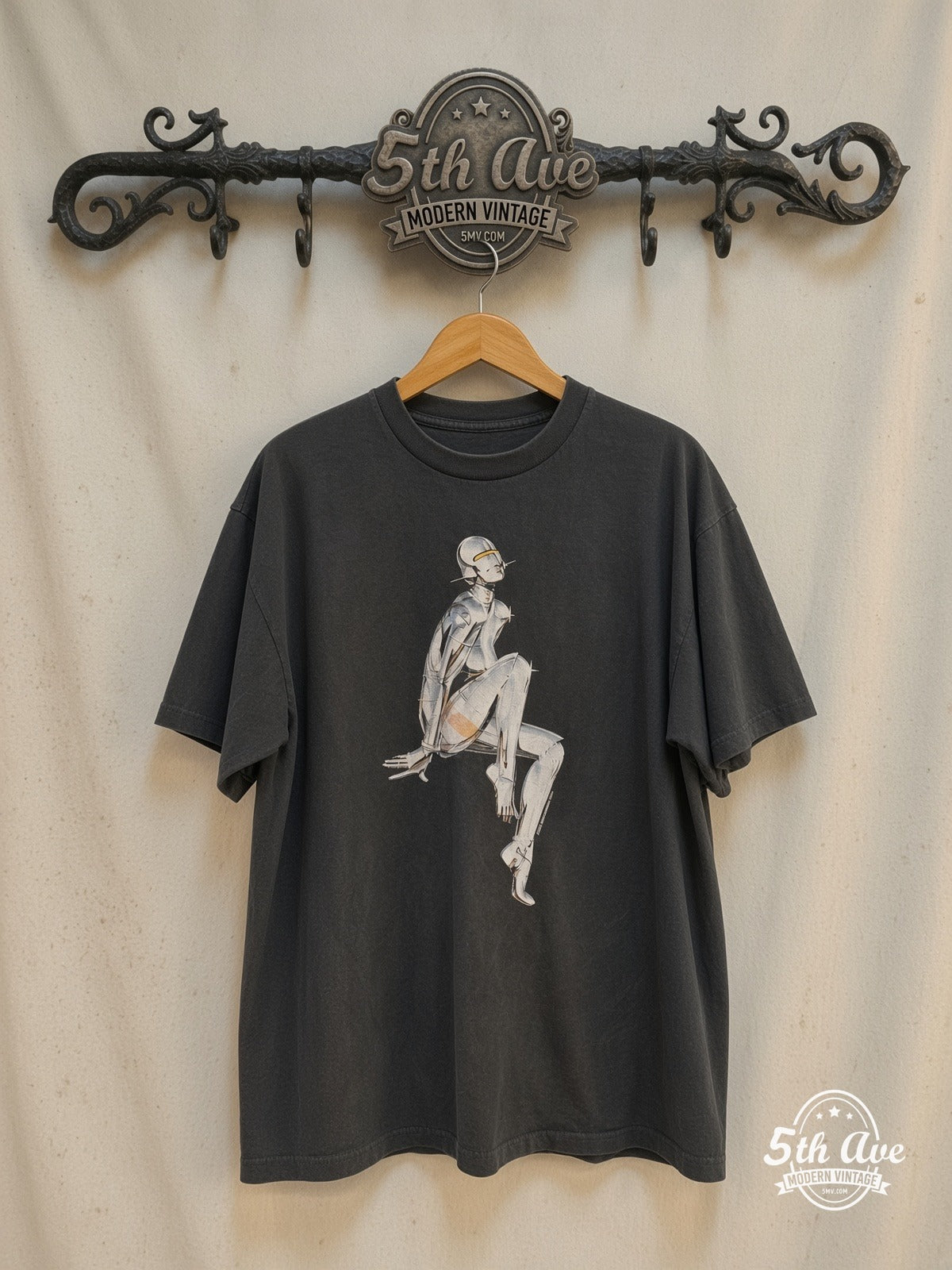 Hajime Sorayama – Sexy Robot Chrome – Vintage Band T-Shirt — front on locked cream ornate 5th Ave rack