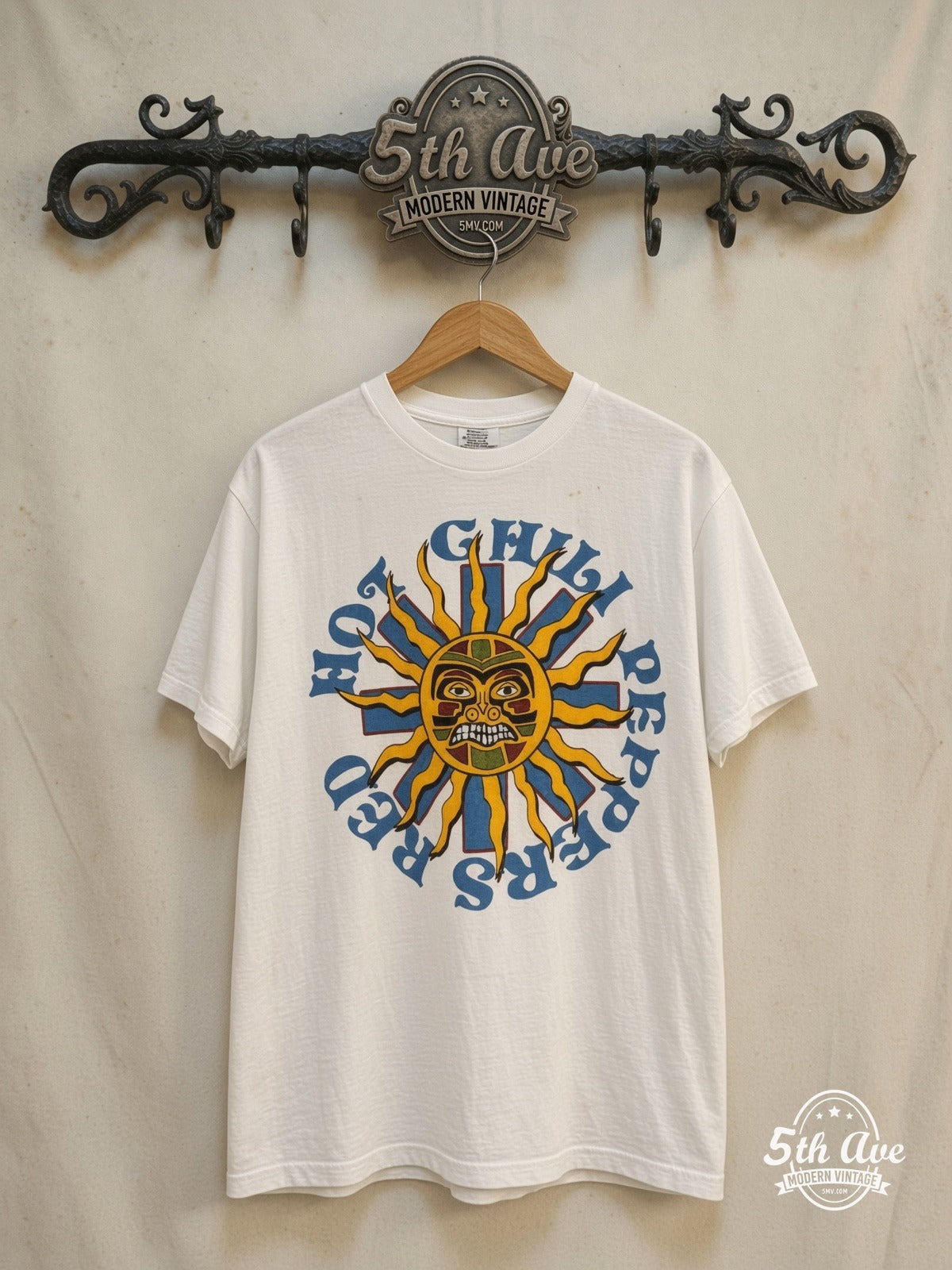 Red Hot Chili Peppers – Aeroplane Tour 1996 – Vintage Band T-Shirt — front on locked cream ornate 5th Ave rack