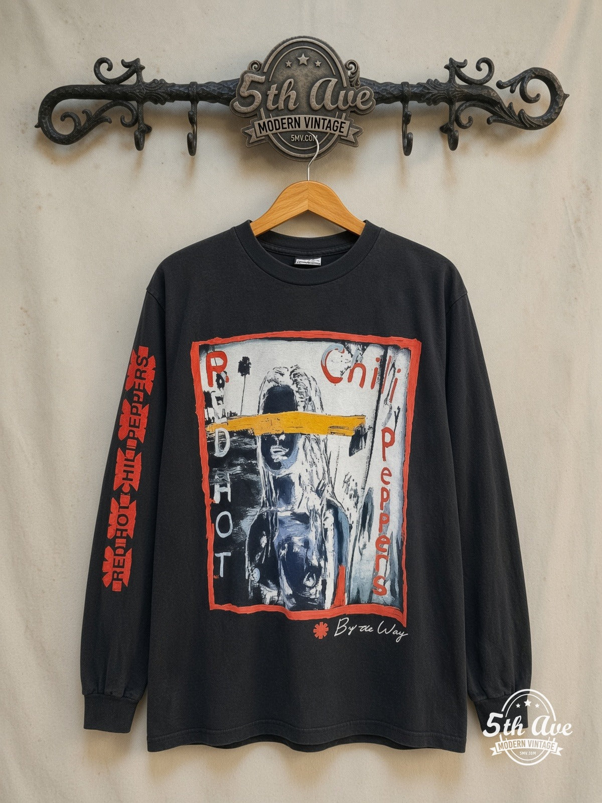 Red Hot Chili Peppers – By the Way Yellow Eye Stripe Long Sleeve – Vintage Band T-Shirt — front on locked cream ornate 5th Ave rack