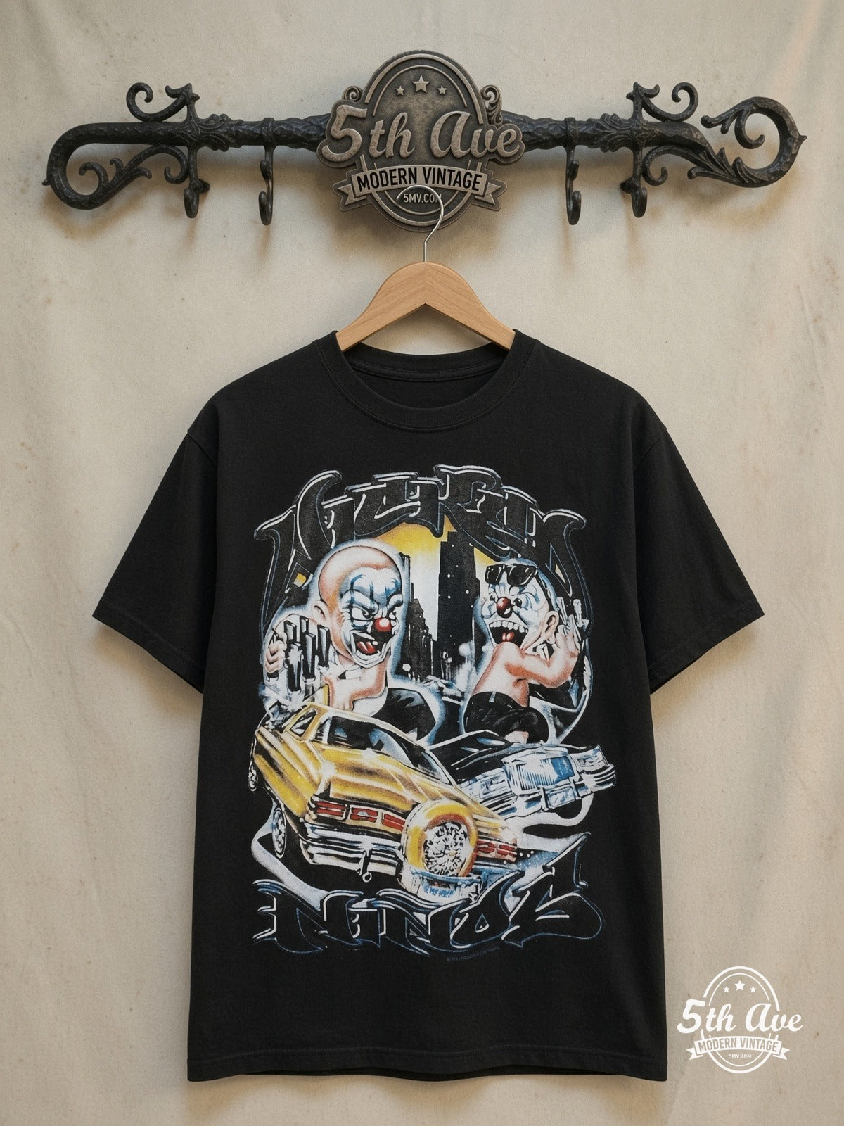 Rollin Hard – Lowrider Clowns Tribute – Vintage Graphic Tee — front on locked cream ornate 5th Ave rack