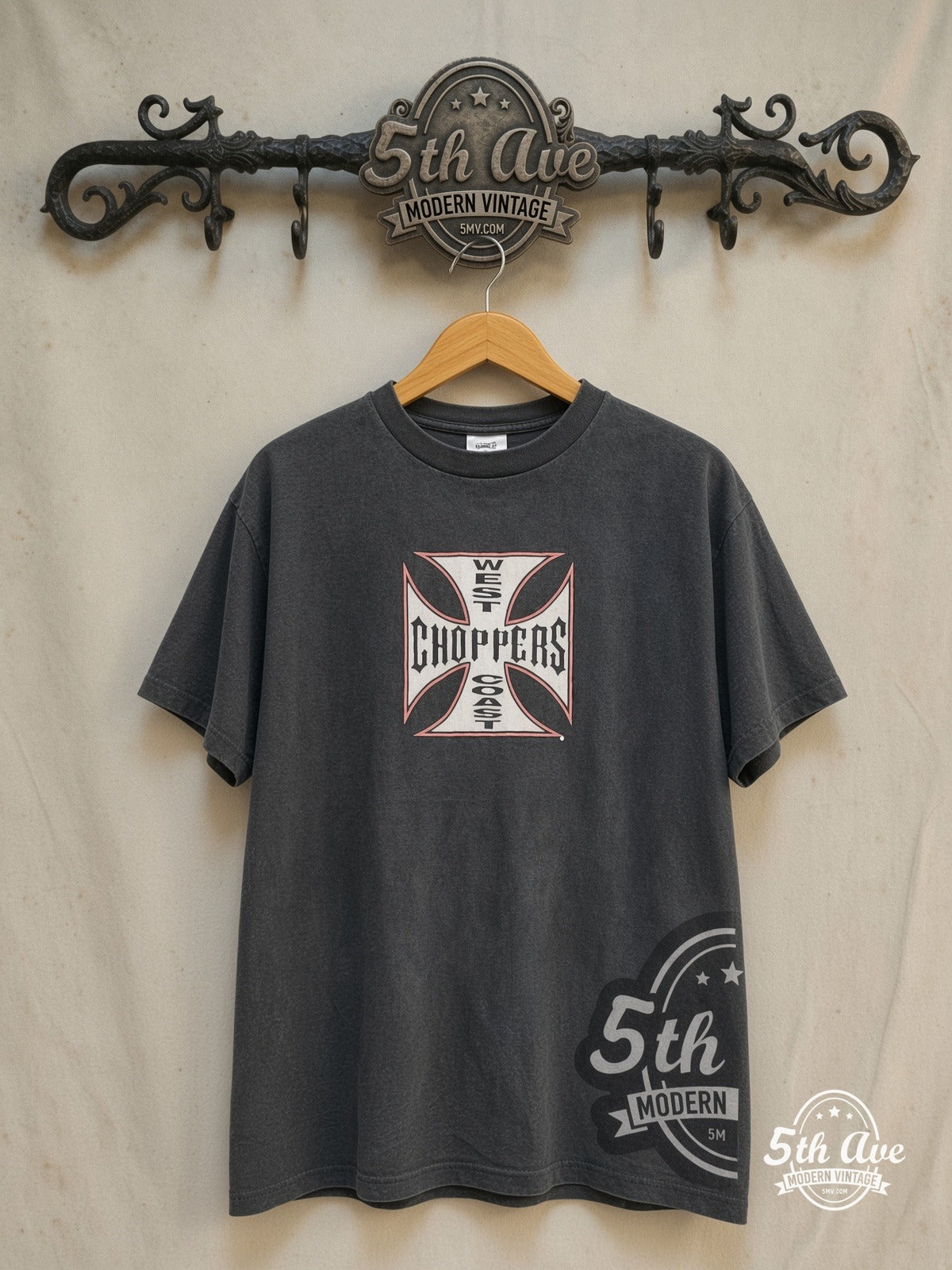 West Coast Choppers – Long Beach Red Cross – Vintage Graphic Tee — front on locked cream ornate 5th Ave rack