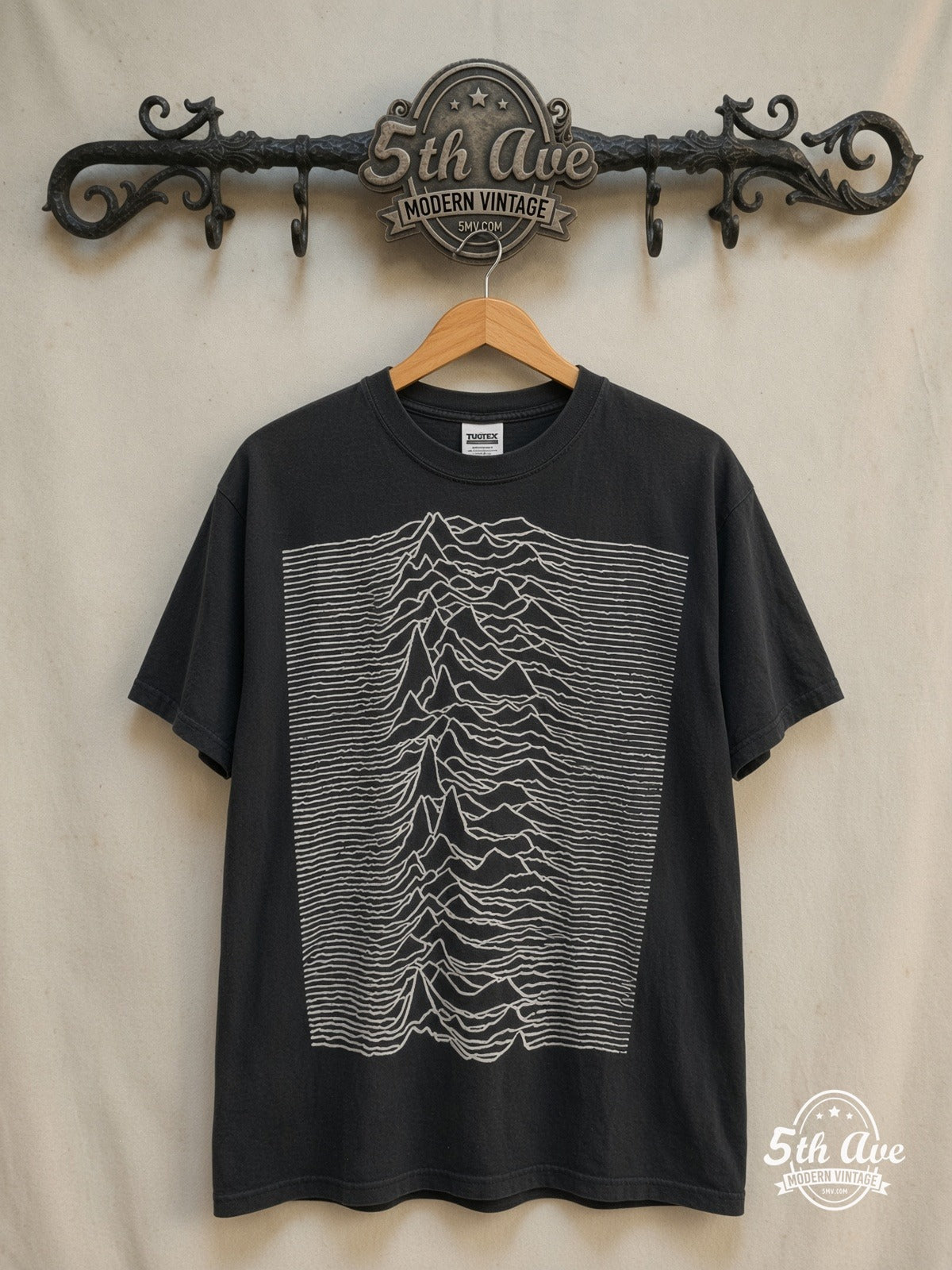 Joy Division – Unknown Pleasures Love Will Tear Us Apart – Vintage Band T-Shirt — front on locked cream ornate 5th Ave rack