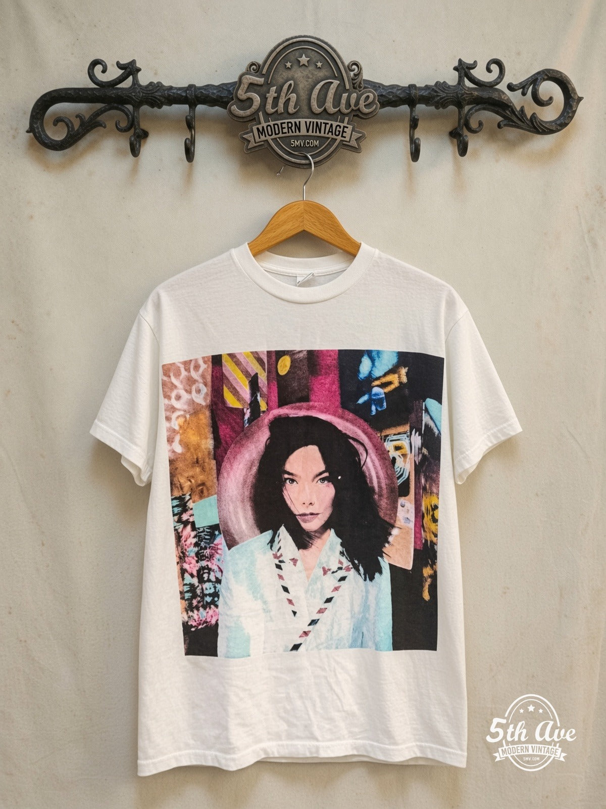 Björk – Bjork 'Post' the second studio album – Vintage Band T-Shirt — front on locked cream ornate 5th Ave rack