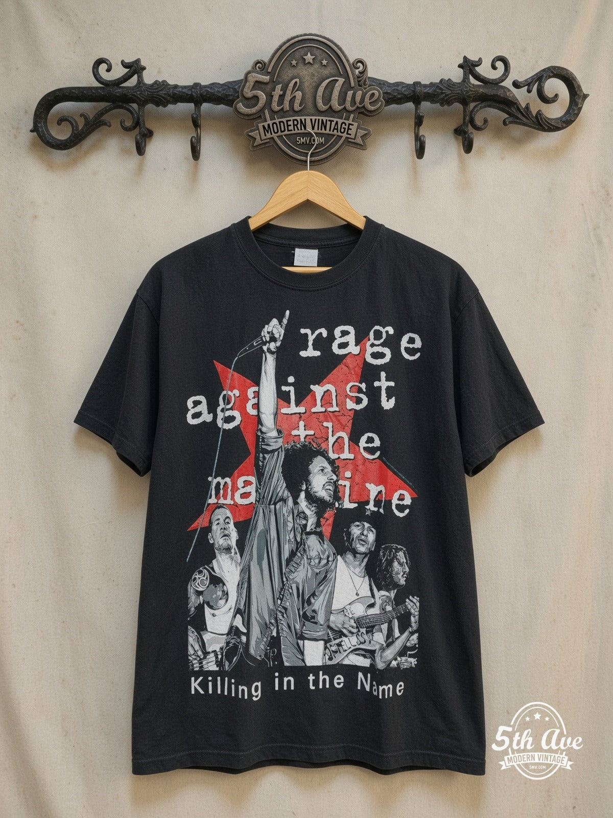 Rage Against the Machine – Killing in the Name – Vintage Band T-Shirt — front on locked cream ornate 5th Ave rack
