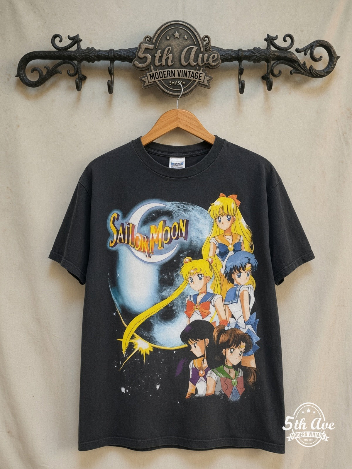 Sailor Moon – Sailor Guardians and Starlights – New Vintage Anime Tee — front on locked cream ornate 5th Ave rack