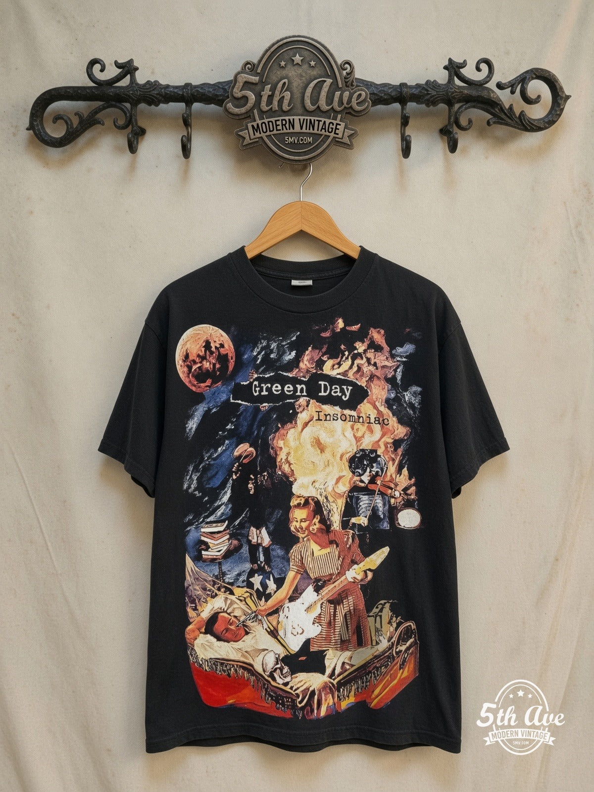 Green Day – Insomniac – All Over Print – Vintage Band T-Shirt — front on locked cream ornate 5th Ave rack