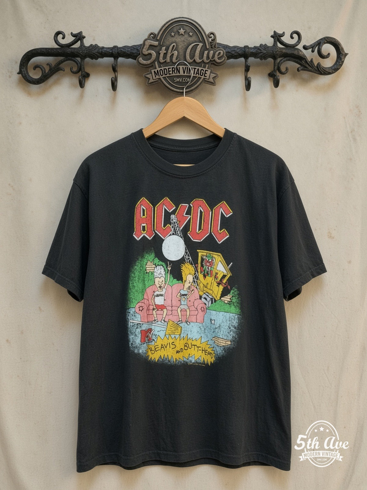 AC/DC – Beavis and Butt-Head / MTV – New Vintage Graphic Tee — front on locked cream ornate 5th Ave rack