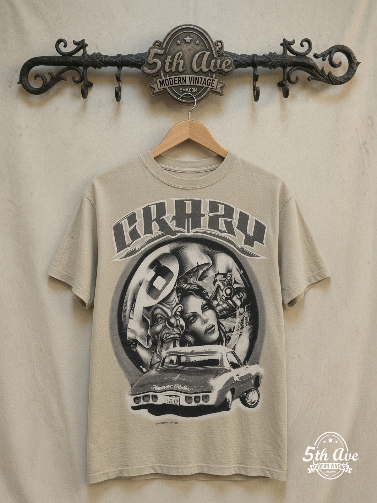 Crazy - Rollin hard lowrider low rider car culture t shirt – Vintage Band T-Shirt — front on locked cream ornate 5th Ave rack
