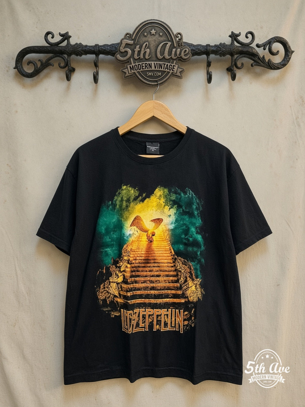 Led Zeppelin Legendary Classic Rock Vintage T-Shirt – Vintage Band T-Shirt — front on locked cream ornate 5th Ave rack
