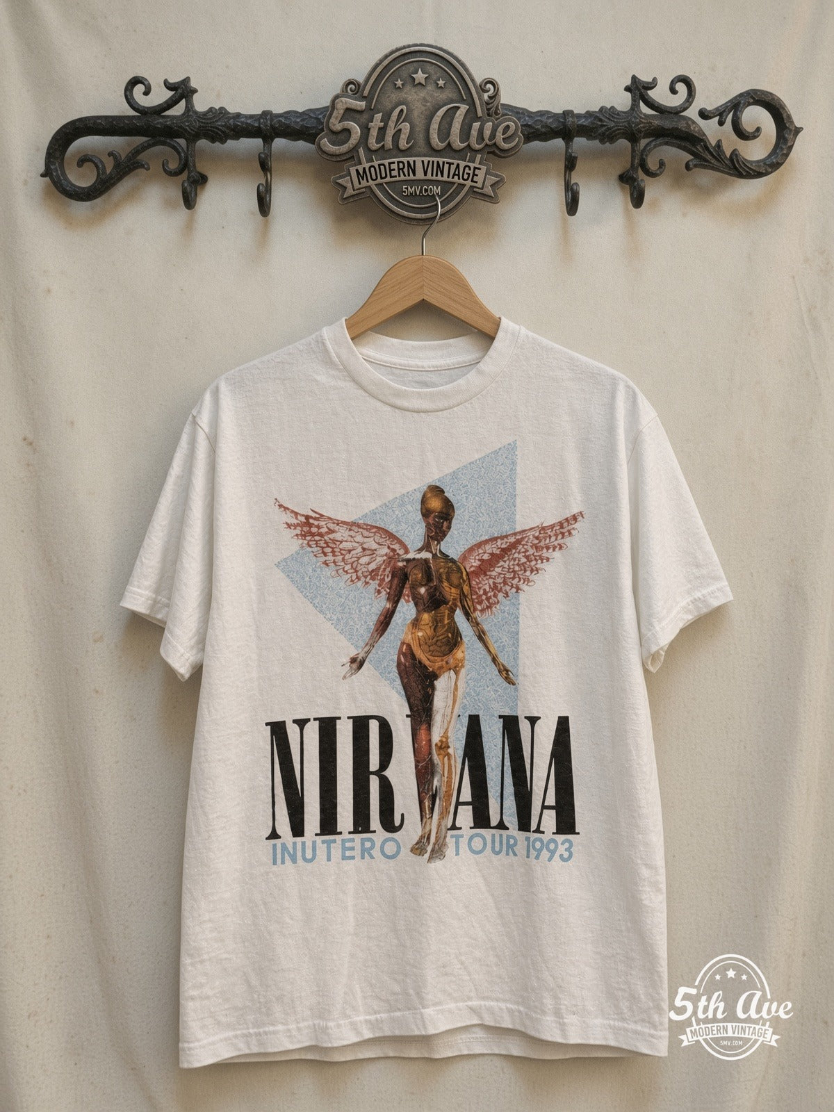 Nirvana – In Utero Tour 1993 – Vintage Band T-Shirt — front on locked cream ornate 5th Ave rack