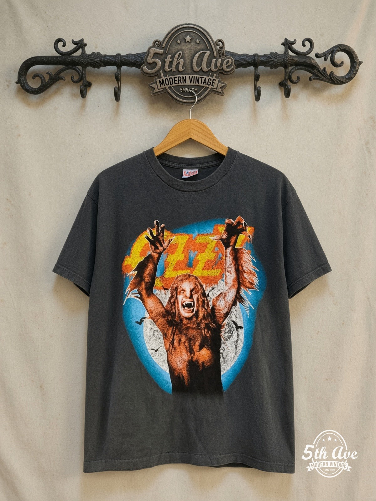 Ozzy Osbourne – RULES 1984 Bark at the Moon – Vintage Band T-Shirt — front on locked cream ornate 5th Ave rack