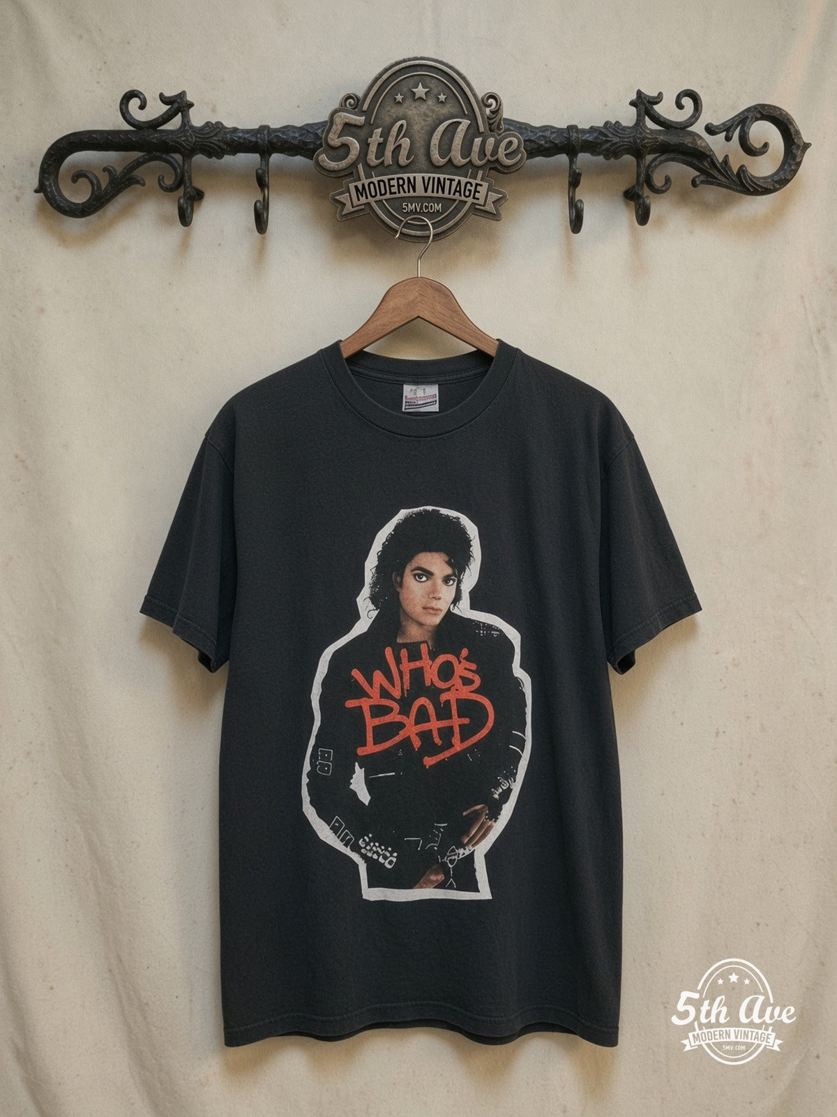 1988 Michael Jackson Bad Tour T-Shirt — front on locked cream ornate 5th Ave rack