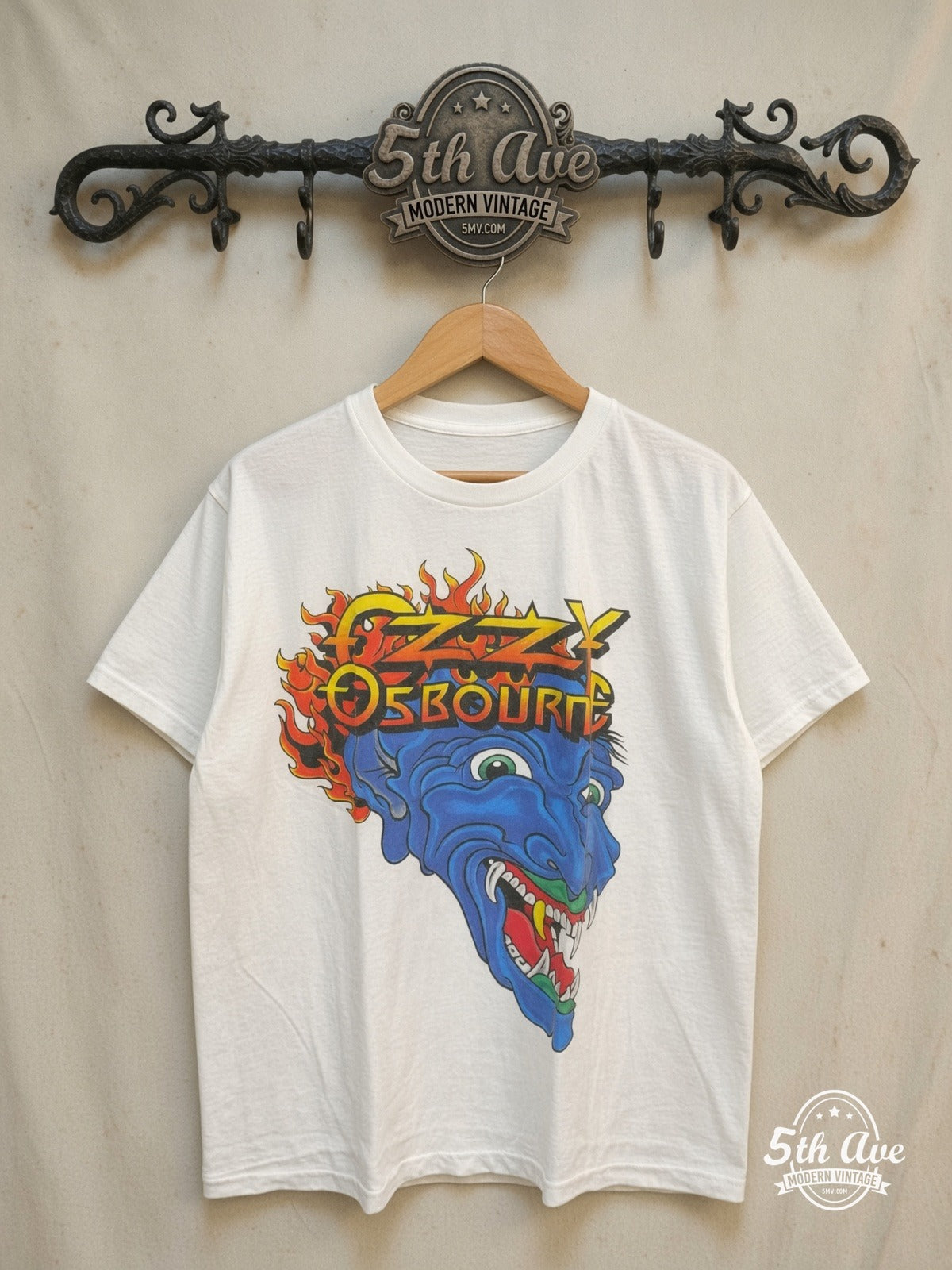 Ozzy Osbourne – Ozzy's Tattoos – Vintage Band T-Shirt — front on locked cream ornate 5th Ave rack