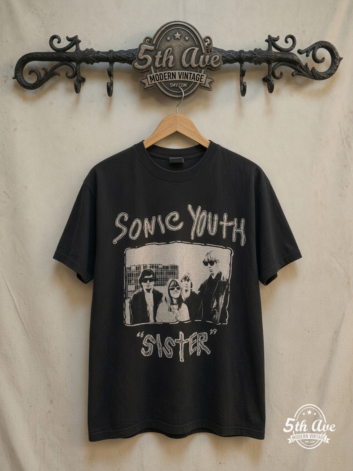 Sonic Youth – Sister Band Photo – Vintage Band T-Shirt — front on locked cream ornate 5th Ave rack
