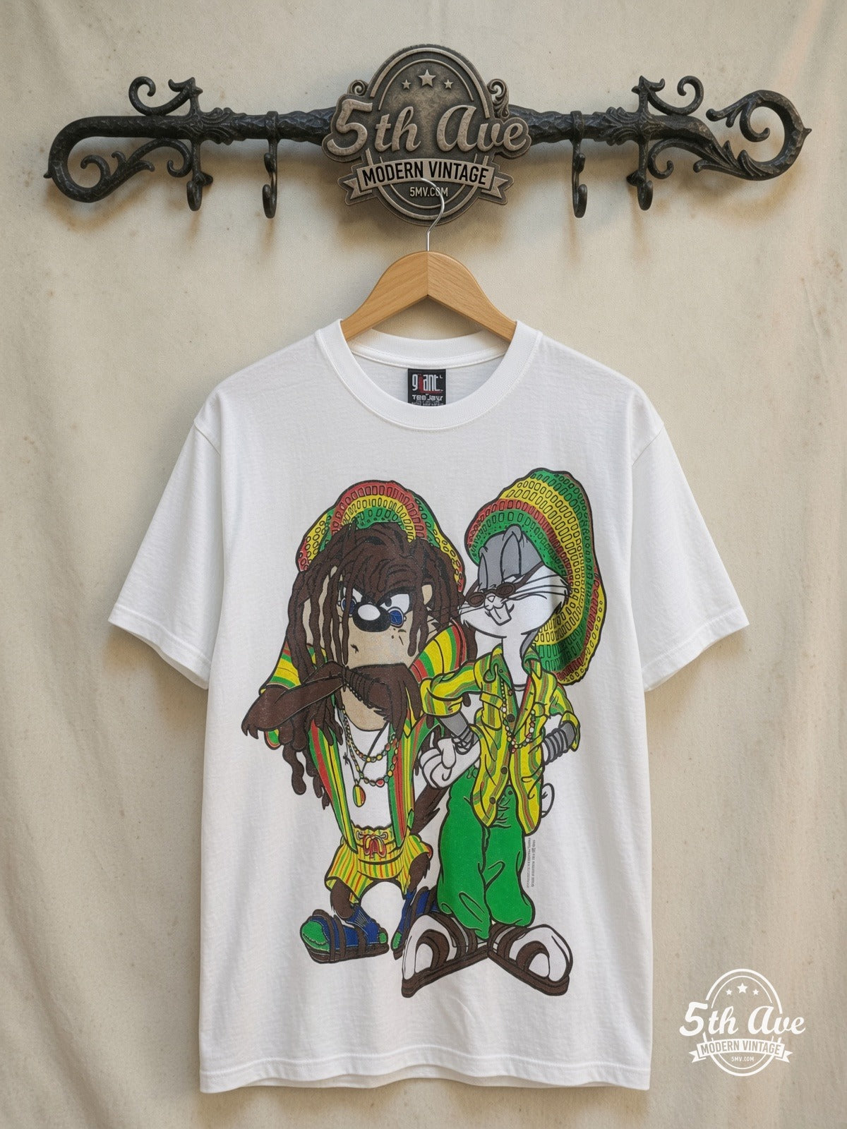 Bugs Bunny – Bugs Bunny and Tasmanian Devil – New Vintage Graphic Tee — front on locked cream ornate 5th Ave rack