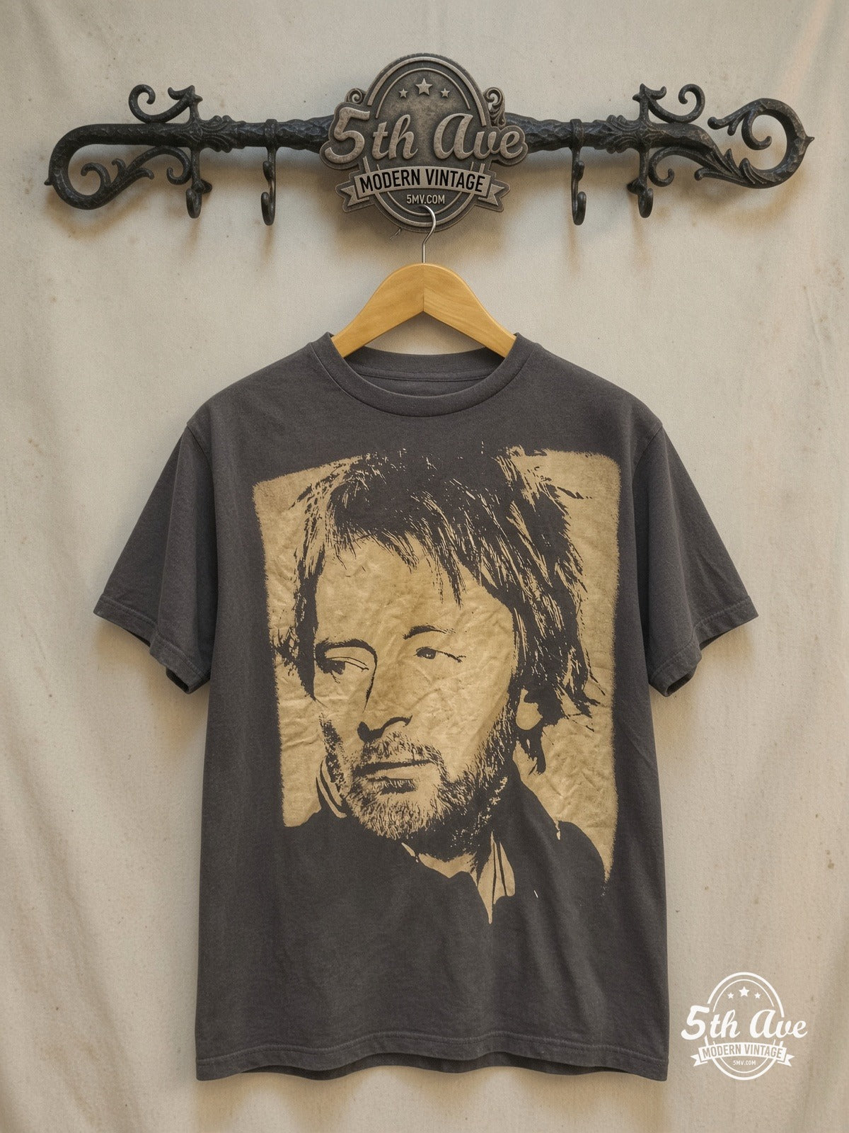 Thom Yorke – Vintage Band T-Shirt — front on locked cream ornate 5th Ave rack