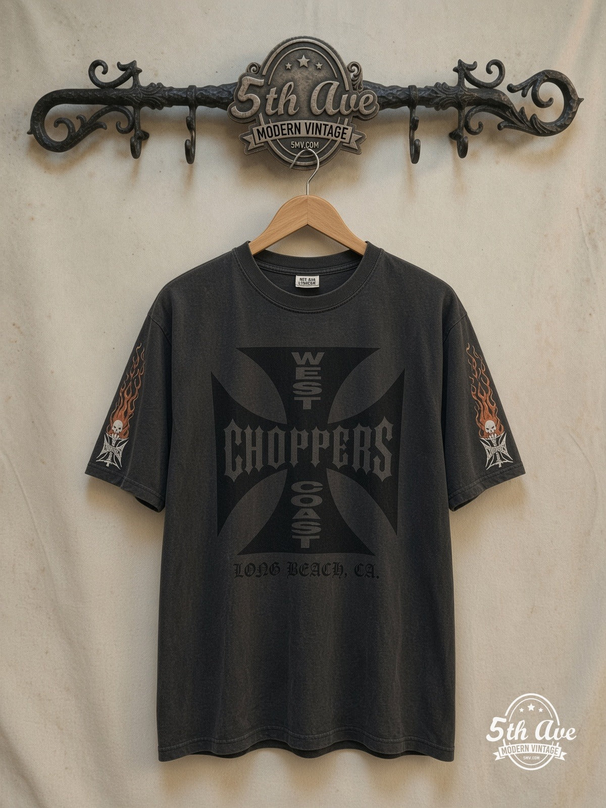 West Coast Choppers – Orange Iron Cross CFL Crown – Long Sleeve T-Shirt — front on locked cream ornate 5th Ave rack