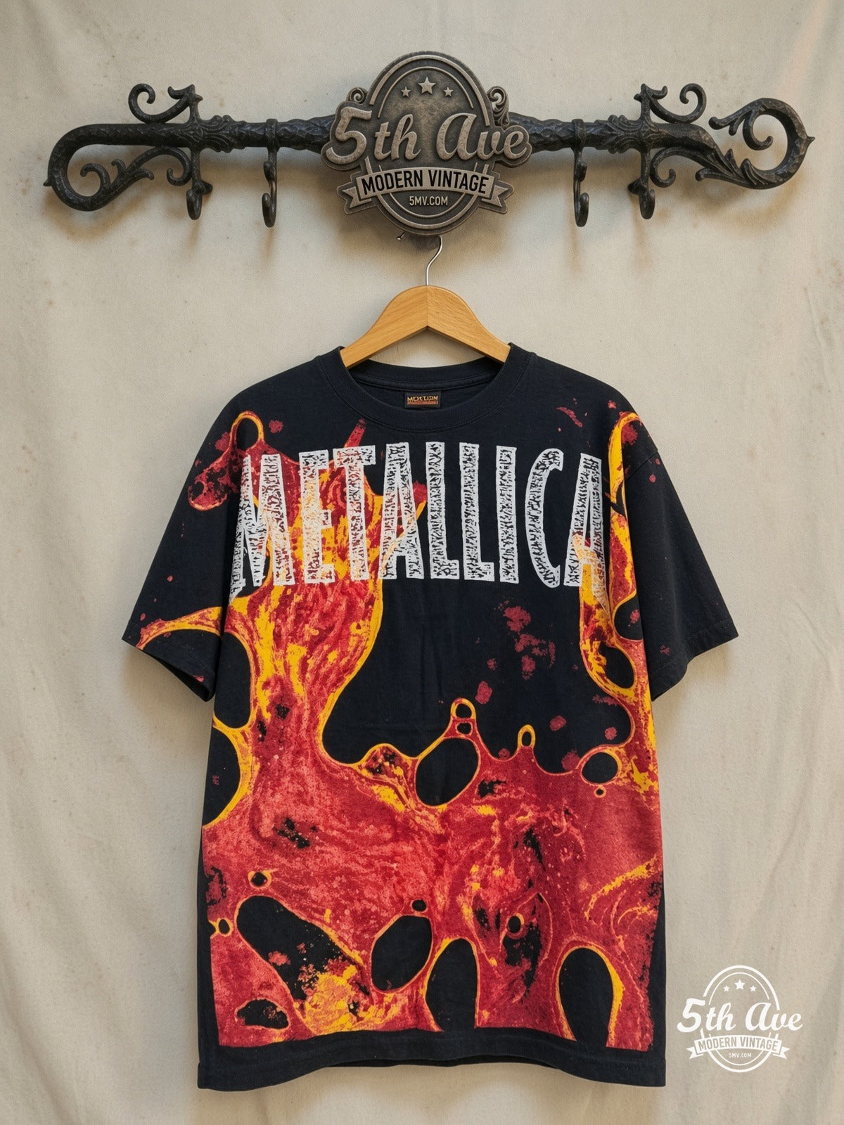 Metallica – Reload – All Over Print – Vintage Band T-Shirt — front on locked cream ornate 5th Ave rack