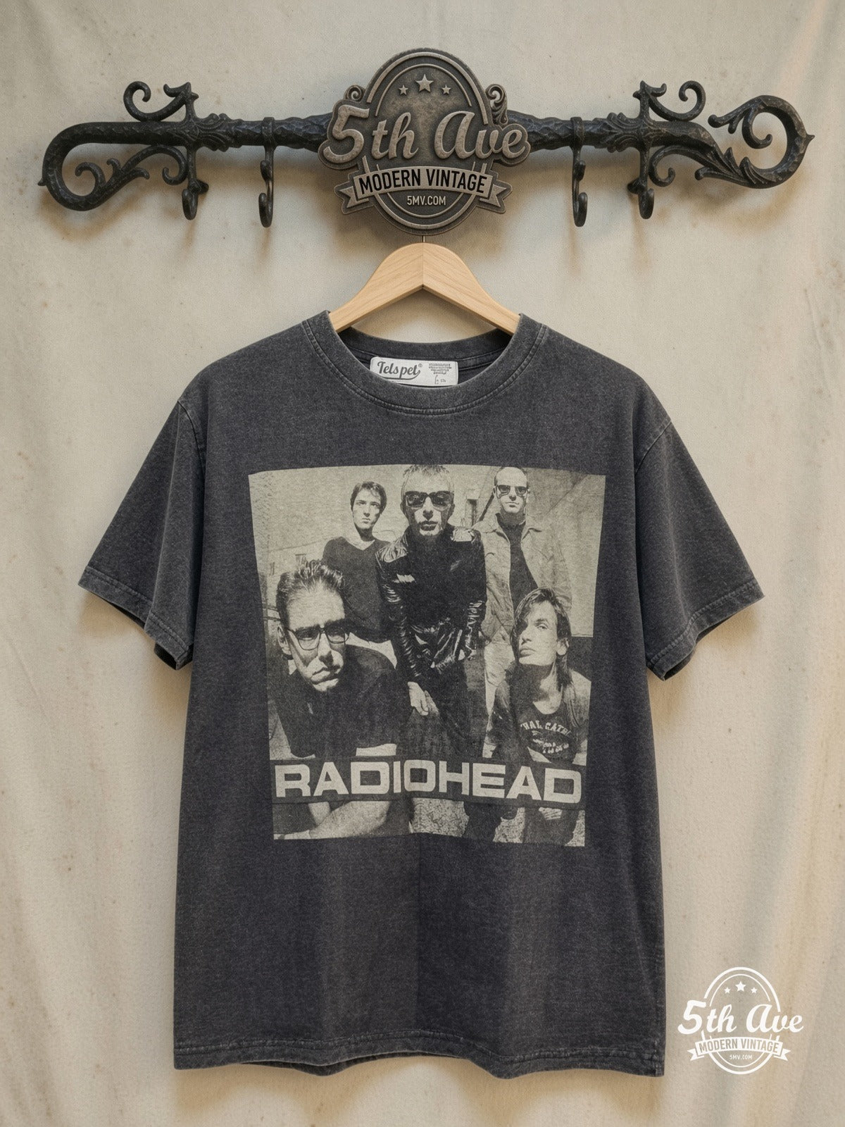 Radiohead – Monochrome Band Photo Block Logo – Vintage Band T-Shirt — front on locked cream ornate 5th Ave rack