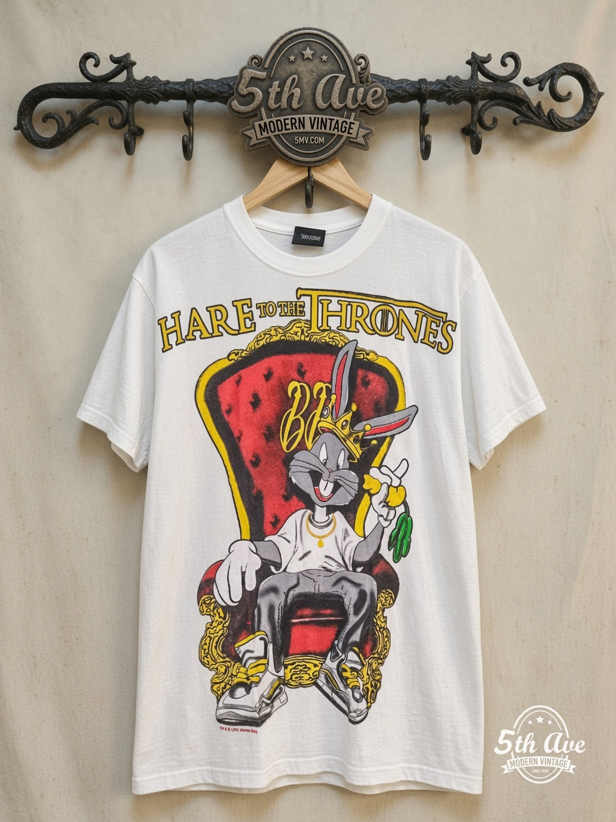 Bugs Bunny – Hare to the Throne – New Vintage Graphic Tee — front on locked cream ornate 5th Ave rack